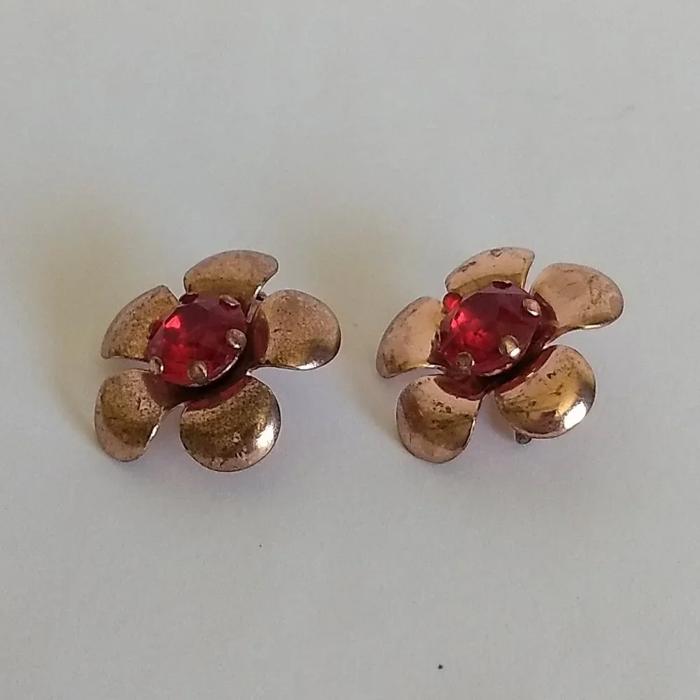 Copper Tone Red Rhinestone Cufflinks Spring Floral Flower Glam Party Fun